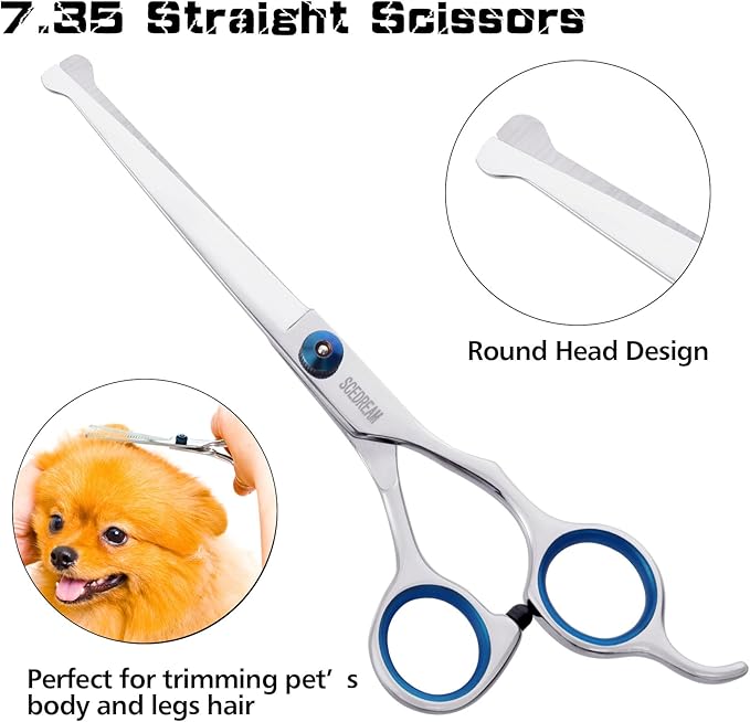 Dog Grooming Scissors for Dogs with Safety Round Tips, 5 in 1 Dog Scissors for Grooming, Professional Curved Pet Grooming Shears Set for Dogs and Cats