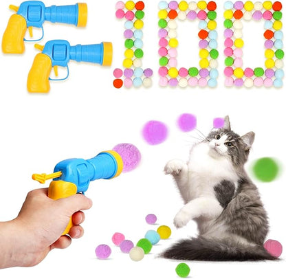 100PCS Cat Ball Toys with 2 Launchers Set, Funny Interactive Cat Toys for Indoor Cats, Adult Cats & Kitten Toys