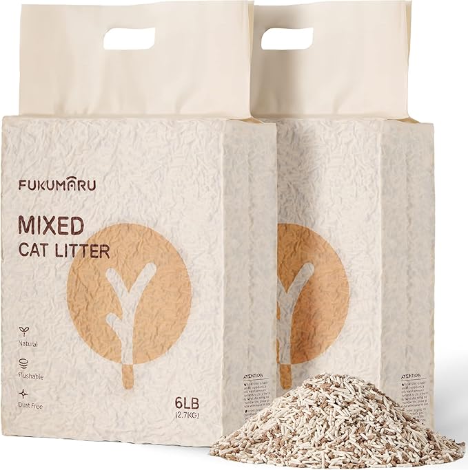 FUKUMARU Tofu Cat Litter, 12 LBS Clumping Cat Litter, Dust Free, Natural, Unscented, Flushable, Lightweight, Low Tracking, Mixed Apple Wood, 24/7 Odor Control, 6 lb x 2 Bags