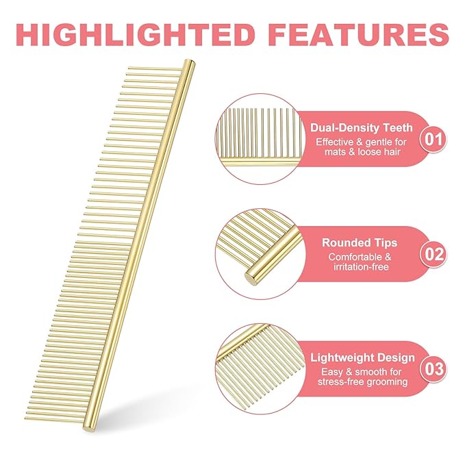 Dog Cat Comb, Pet Combs Stainless Steel Teeth with Rounded Ends for Knots Mats Loose Hair Removal, 6.5/7.5IN (Gold Plated, 2 Pack), Grooming Tool Intended for Long Curly Hair Pet