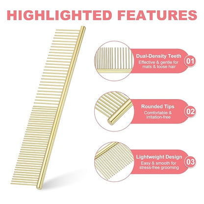 Dog Cat Comb, Pet Combs Stainless Steel Teeth with Rounded Ends for Knots Mats Loose Hair Removal, 6.5/7.5IN (Gold Plated, 2 Pack), Grooming Tool Intended for Long Curly Hair Pet