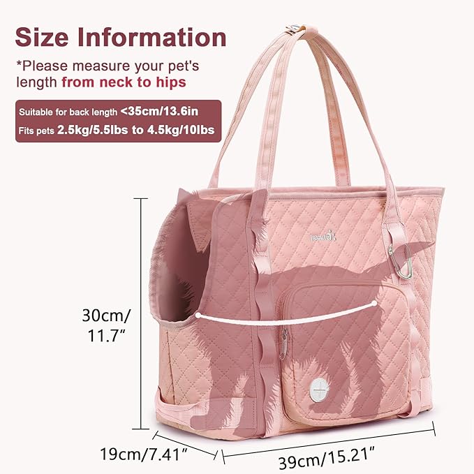 Pecute Dog Purse Carrier, Pet Carrier with Pockets for Small Dogs, Portable Small Dog Soft-Sided, Lightweight Dog and Puppies Tote Bag, Outing, Travel, Vet, Pink