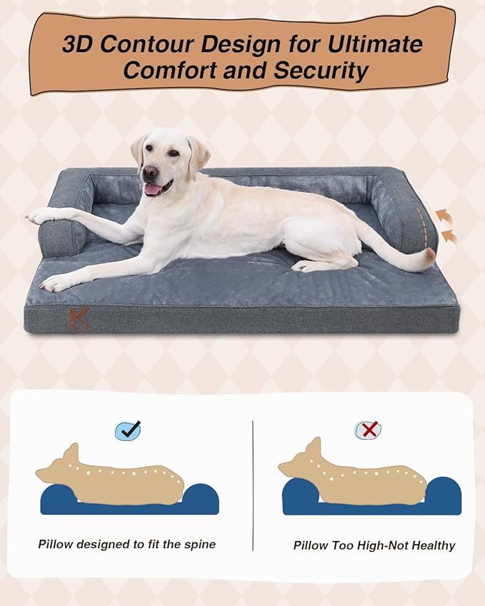 KSIIA Washable Dog Bed XL Senior Dog, Orthopedic Warm Soft Pet Sofa Waterproof Pet Couch with Sides, Non-Slip and Egg-Crate Foam Extra Large Beds with Removable Cover, 41x27Inch, Dark Grey