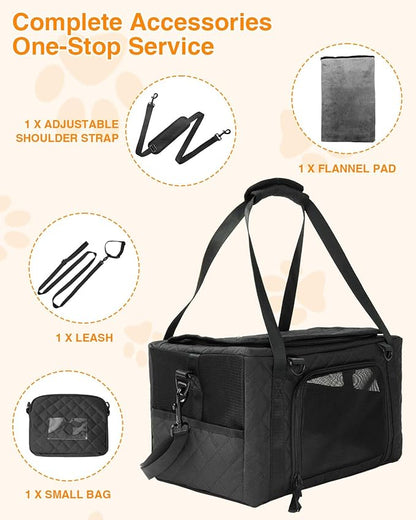 PETUX Collapsible Airline Approved Cat Carrier - 16" x 10" x 9.5", Double Anti-Escape, Small Pet Travel Bag for Small Cats Under 10 lb with Removable Snack Bag, Safety Buckle ＆ Leash - Black