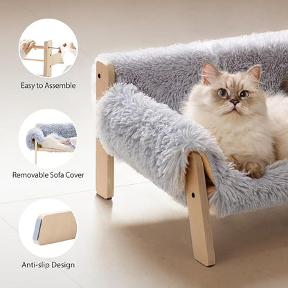 MEWOOFUN Cat Couch Bed, Pet Sofa for Indoor Cats Wooden Indoor Elevated Cat Beds with Removable Mattress Cover Suitable for Kitty, Puppy or Small Animal (Grey, Medium)