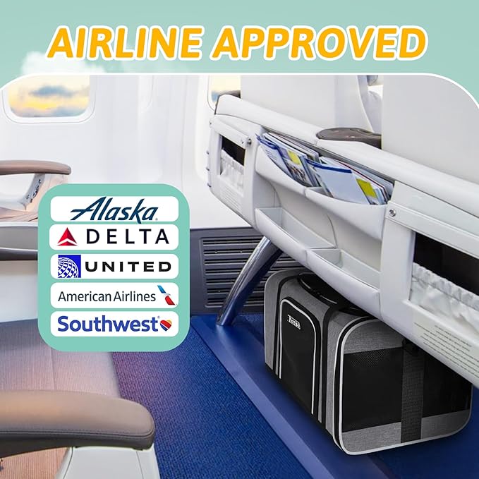 Petskd Pet Carrier 17x11x9.5 Alaska Airline Approved,Pet Travel Carrier Bag for Small Cats and Dogs, Soft Dog Carrier for 1-10 LBS Pets,Dog Cat Carrier with Safety Lock Zipper(Grey)