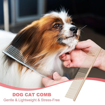 Dog Cat Comb, Pet Combs Stainless Steel Teeth with Rounded Ends for Knots Mats Loose Hair Removal, 6.5/7.5IN (Gold Coated, 2 Pack), Grooming Tool Intended for Long Curly Hair Pet