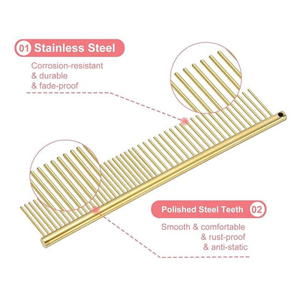 Dog Cat Comb, Pet Combs Stainless Steel Teeth with Rounded Ends for Knots Mats Loose Hair Removal, 6.5IN (Gold Plated, 3 Pack), Grooming Tool Intended for Long Curly Hair Pet
