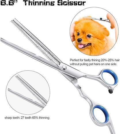 Dog Grooming Scissors for Dogs with Safety Round Tips, 5 in 1 Dog Scissors for Grooming, Professional Curved Pet Grooming Shears Set for Dogs and Cats