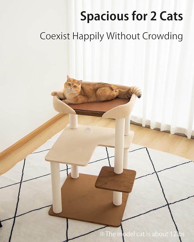 Cat Tree for Large Cats, Modern Senior Friendly Cat Tower with Wide Shelves, Cotton Scratching Posts, Super Sturdy Base, Cozy Perches, and Interactive Toys for Indoor Kittens, 37.4'' Cream