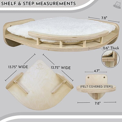 Large Cat Wall Shelves w/Pillow + 3 Steps for Large Size Cats, Orthopedic Design with Premium Hardwood, Modern and Durable Shelves for Climbing, Cat Shelf Wall Steps Tree Perch