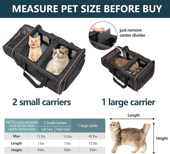 Cat Carrier for 2 Cats - INRLKIT Cat Carrier with Litter Box, Portable Dual Cat Travel Carrier Bag for Traveling, Large Double Cat Travel Carrier for Car, Pet Carrier Bag (Black)