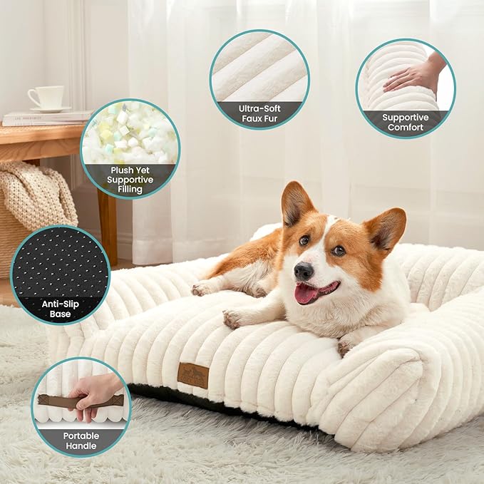 Cute Cat Couch, Premium Plush Faux Fur Pet Couch Bed, Ultra-Soft Pet Furniture for Cats & Small Dogs (Cream, S: 25.5''x17.5'')