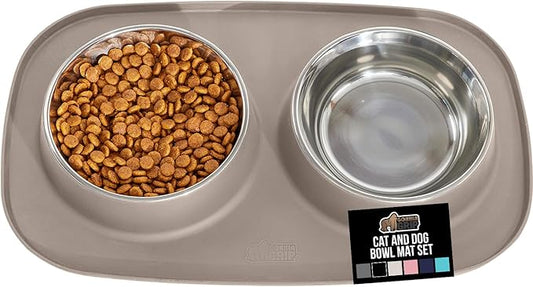 GORILLA GRIP Feeding Mat Set, 3 Cup, Patent Pending 100% Waterproof BPA Free Silicone, Stainless Steel Cat and Dog Bowls, Slip Resistant, High Edges Catch Water Food, US Designed Pet Accessories Beige