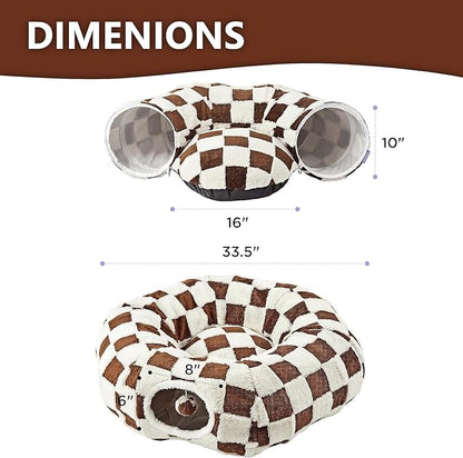 Cat Tunnel Bed with Washable Cushion for Indoor Cat, Donut Cave Tube Toys for Kitten Puppy Rabbit, Brown
