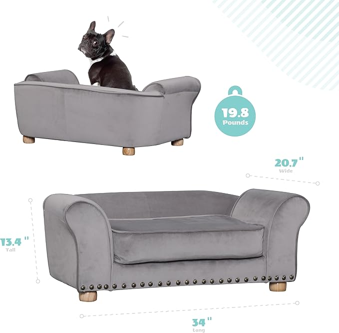 Critter Sitters 34-in. Faux Velvet Pet Bed Sofa in Dark Gray for Medium-Sized Dogs and Cats, Durable Indoor Pet Furniture for Bedroom, Living Room