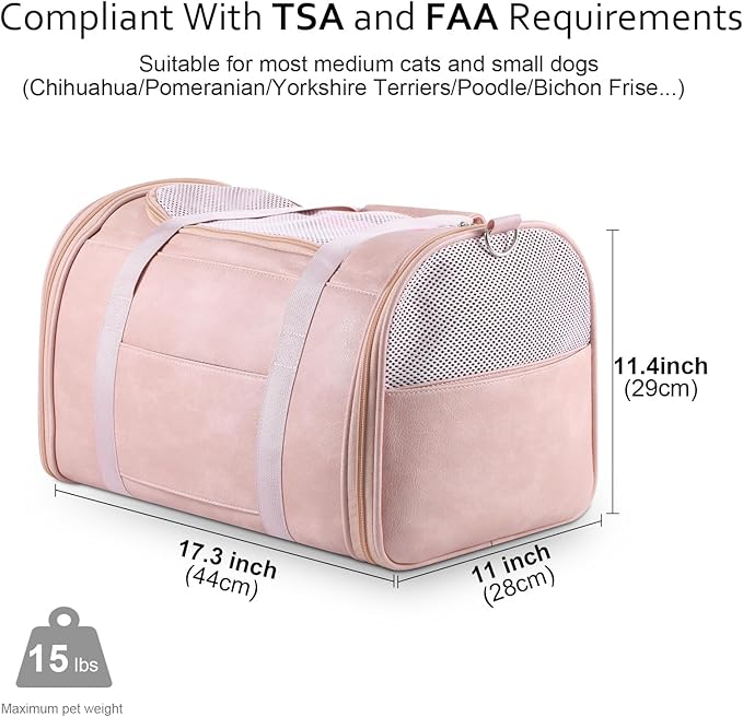 Fashion Leather Dog Carrier Cat Carrier Airline Approved Pet Carrier for Small Medium Dogs Cats Under 15Lbs, Collapsible Soft Sided Travel Puppy Carrier Pink