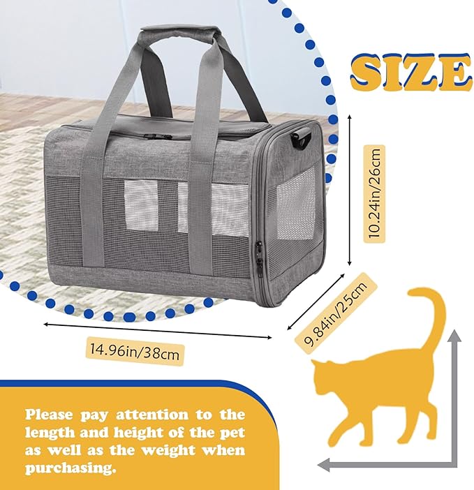 Pet Carrier Bag for Cats,Cat Soft-Sided Carriers Collapsible Ventilated Breathable Puppy Carrier for Small Dogs Airline Approved Kitty Carrier for Small Medium Cat Puppy Under to 12 Lb(Grey)