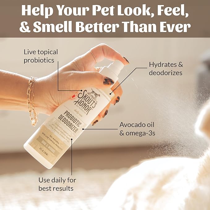 SKOUT'S HONOR Pet Deodorizer Spray- Hydrating Daily-Use with Avocado Oil & Omega-3s, Microbiome Friendly Certiified, Paraben & Sulfate-Free, 97% Natural, 8oz, Dog of The Woods, 2-Pack