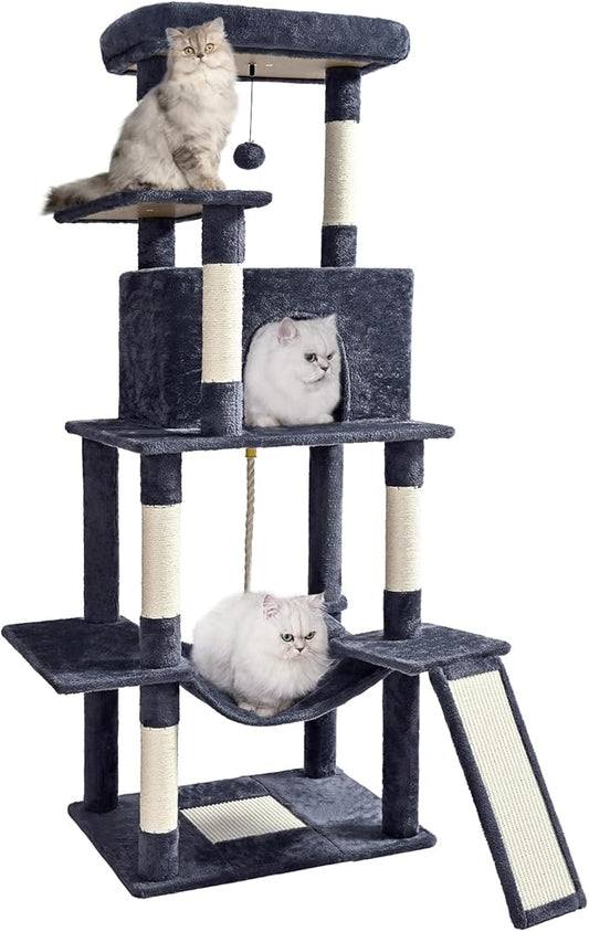 ABCPET Cat Tree Tower 63in Multi-Level Cat Tower for Indoor Cats with Sisal Scratching Posts, Condo, Hammock, Dangling Ball and Extended Platform for Cats to Play, Dark Grey