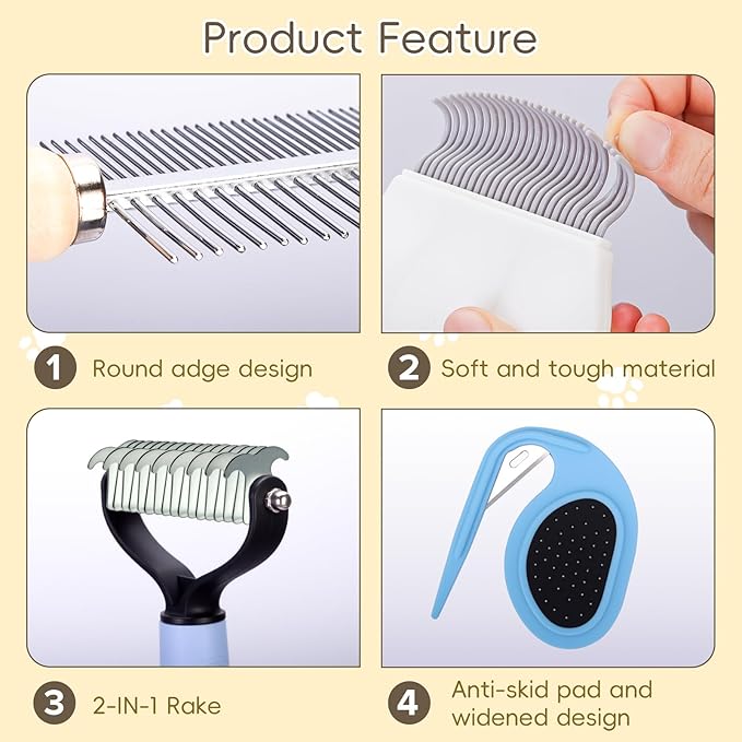 Upgraded All-in-One Pet Grooming Kit – Includes Detangling, Shedding, Dual-Sided & Massaging Tools, Ergonomic Non-Slip Handle, Safe for Cats & Dogs
