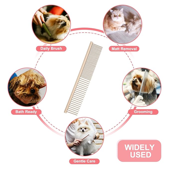 Dog Cat Comb, Pet Combs Stainless Steel Teeth with Rounded Ends for Knots Mats Loose Hair Removal, 6.5IN (Gold Coated, 3 Pack), Grooming Tool Intended for Long Curly Hair Pet