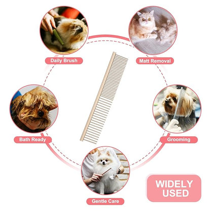 Dog Cat Comb, Pet Combs Stainless Steel Teeth with Rounded Ends for Knots Mats Loose Hair Removal, 6.5IN (Gold Coated, 3 Pack), Grooming Tool Intended for Long Curly Hair Pet
