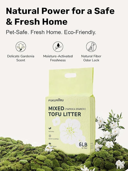 FUKUMARU Tofu Cat Litter, 12lb Fast Clumping & Odor Control, Gardenia Scent, Natural Bean Dregs & Cassava Starch, Dust-Free, Flushable, Low Tracking, Ultra Absorbent, Lightweight, 6lb x 2 Bags