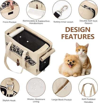 Dog Purse Carrier for Small Dogs, Cats and Puppies – Soft-Sided Foldable Pet Travel Bag with Multi Pockets, 3-Sided Mesh & Rollable Cover for Nervous Cats, Fits Pets up to 15 lbs (Beige)