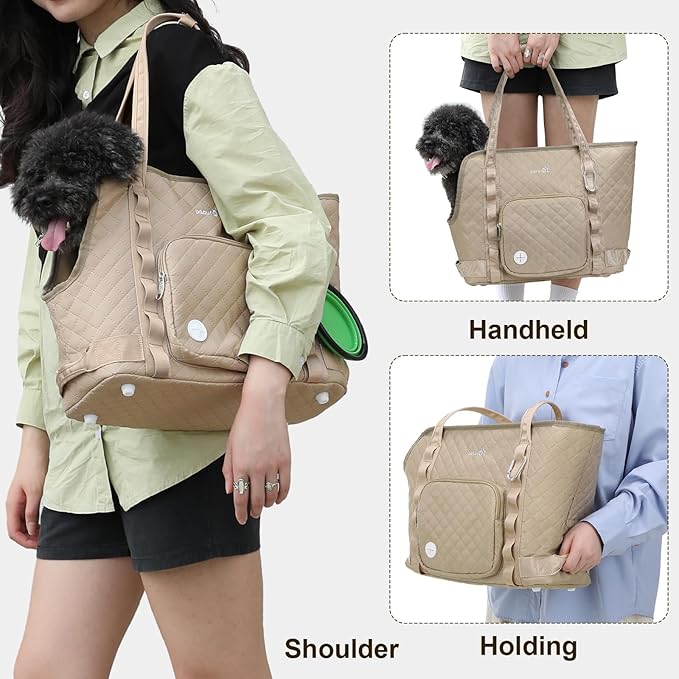 Pecute Dog Purse Carrier, Dog Carrier with Pockets for Small Dogs, Fits Dogs 5.5 lbs to 11 lbs, Cat and Puppies Tote Bag, Outing, Travel, Vet, Khaki