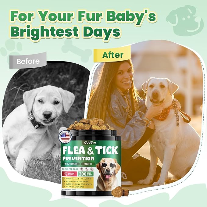 Flea and Tick Prevention for Dogs, 200 Natural Soft Chewables Flea and Tick Support with Vitamins & Fish Oil, Oral Flea Chews Supplement for Dogs -All Breeds, Puppy to Senior Dog, Chicken Flavor
