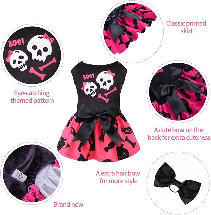 CuteBone Halloween Skulls Dog Dress Velvet for Small Dogs Girl Puppy Dresses Pink Dog Clothes CVA02S-D