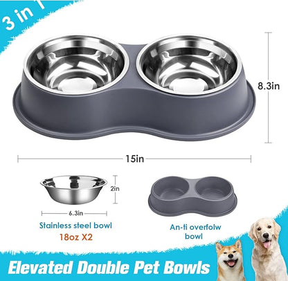 Dog Bowl Double Dog Water and Food Bowl Stainless Steel Bowls with Non-Slip Resin Station, Pet Feeder Bowls for Puppy Medium Dogs Cats