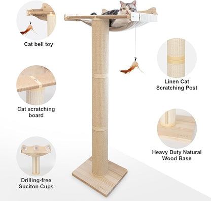 Cat Window Perch with Scratching Post, 47.3" Adjustable Cat Tall Scratching Posts &Upgraded Winter Cushion – Multi-Level Perch for Climbing, Bird Watching, and Play, Supports 50 lbs (Drilling-Free)