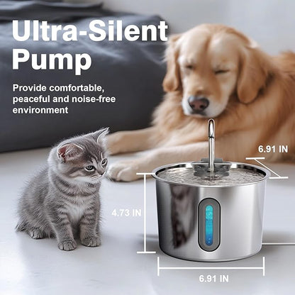 HAJXM Cat Water Fountain, 74oz/2.2L Cat Fountain for Drinking - Pet Water Fountain Stainless Steel for Cats Inside - Quiet Water Bowl Dispenser - Kitty Drinking Fountains - 4 Filters + 4 Sponges
