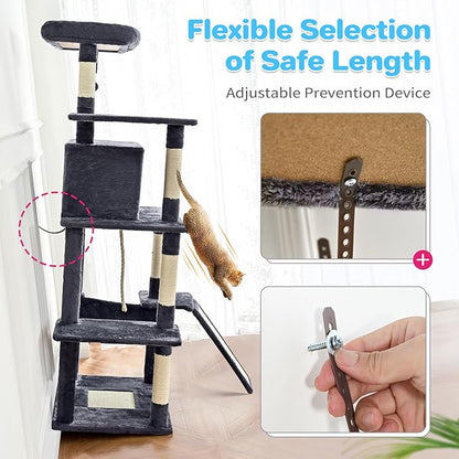 ABCPET Cat Tree Tower 63in Multi-Level Cat Tower for Indoor Cats with Sisal Scratching Posts, Condo, Hammock, Dangling Ball and Extended Platform for Cats to Play, Pink