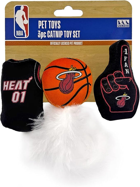 Best Plush CAT Toy - NBA Miami Heat Complete Set of 3 Piece Cat Toys Filled with Fresh Catnip. Includes: 1 Jersey Cat Toy, 1 Basketball Cat Toy with Feathers & 1#1 Fan Cat Toy. Beautiful Team Logos