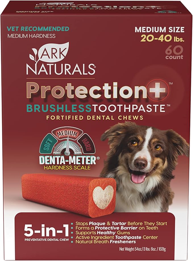 Ark Naturals Protection+ Brushless Toothpaste, Dog Dental Chews for Medium Breeds, Prevents Plaque & Tartar, Freshens Breath, 54oz, 1 Pack, Red
