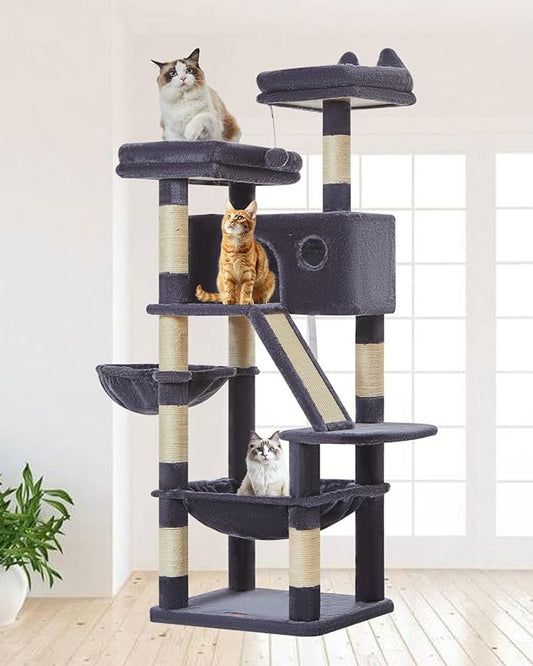 Taoqimiao Cat Tree 57.5-Inch, Cat Tower for Indoor Cats Large Adult, Extra Large Cat Condo, 8 Sisal Scratching Posts, Metal Frame Cozy Hammock, Durable Scratch Board, 2 Top Perches, Smoky Gray MS026G