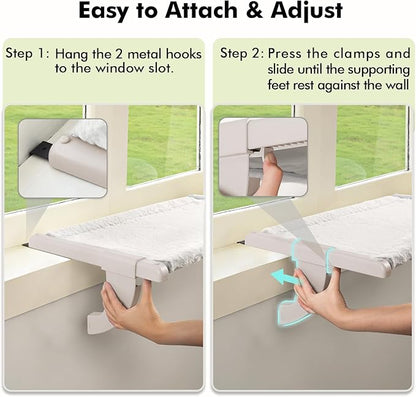 Window Sill Mount Cat Perch for Indoor Cats, One-Step Sliding Clamping Slot Adjustment Cat Hammock with Washable Cover, No Suction Cups Pet Bed for Windowsill & Bedside (Medium)