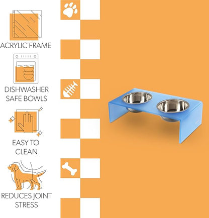 THE LICKER STORE DBL2000C Keaton 5" Small/Medium Modern Acrylic Rectangular Elevated Pet Feeder with 20oz 2-Stainless Steel Bowls, Blue/Chrome