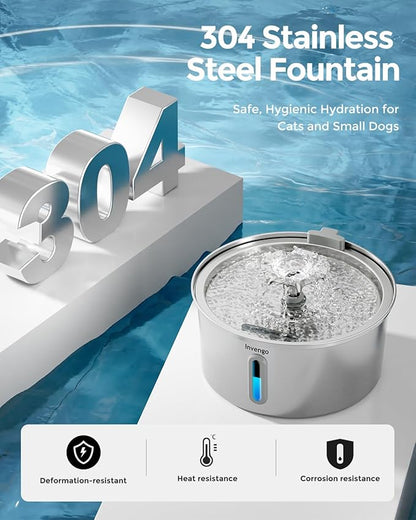 Cat Water Fountain Stainless Steel 3.2L/108oz, Invengo Automatic Pet Fountain for Cats & Dogs, Ultra Quiet <25 dB Pump, Includes 4 Replacement Filters & Sponges, LED Water Level Window, Easy to Clean