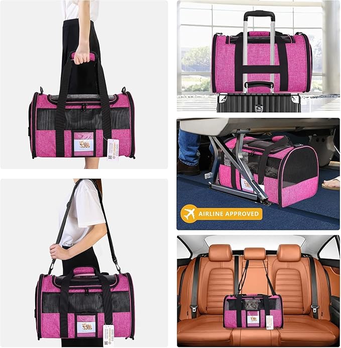 Cat Carrier Pet Carrier Airline Approved for Small Dogs Medium Cats Puppies 15 Lbs Dog Carrier with Reflective Strip, Collapsible Soft Sided Cat Travel Carriers - Rose Red