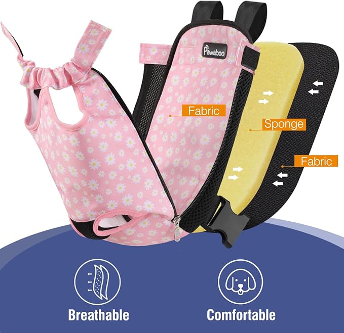 Pawaboo Pet Carrier Backpack, Adjustable Pet Front Cat Dog Carrier Backpack Travel Bag, Legs Out, Easy-Fit for Traveling Hiking for Small Medium Dogs Cats Puppies, Extra Large, Black + Pink Daisy