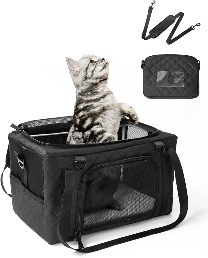 PETUX Collapsible Airline Approved Cat Carrier - 16" x 10" x 9.5", Double Anti-Escape, Small Pet Travel Bag for Small Cats Under 10 lb with Removable Snack Bag, Safety Buckle ＆ Leash - Black