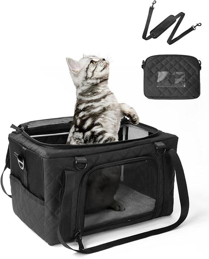 PETUX Collapsible Airline Approved Cat Carrier - 16" x 10" x 9.5", Double Anti-Escape, Small Pet Travel Bag for Small Cats Under 10 lb with Removable Snack Bag, Safety Buckle ＆ Leash - Black