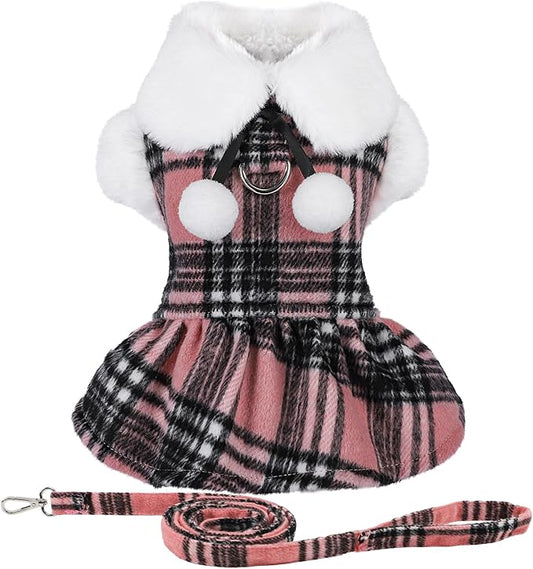 Sebaoyu Christmas Plaid Dog Sweater Dress with Leash, Sweater for Dogs, Winter Puppy Warm Clothes for Small Dogs Girl, Fleece Christmas Dress for Chihuahua Yorkie Teacup (Pink, Small)