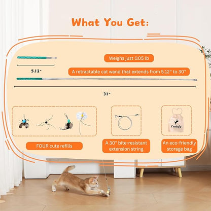 Cat Wand Toy – Retractable Wand with 4 Feather Toy Refills for Indoor Cats Enrichment, Interactive Cat Toy for Bored Adult Cats and High-Energy Kittens (BioBugs Serie)