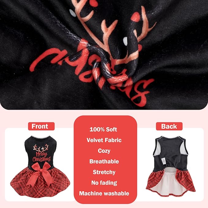 CuteBone Christmas Dog Dresses Velvet Holiday Small Dogs Clothes Onesie Pet Apparel Girl Puppy Skirt with Bow Hair Rope CVA59M-D