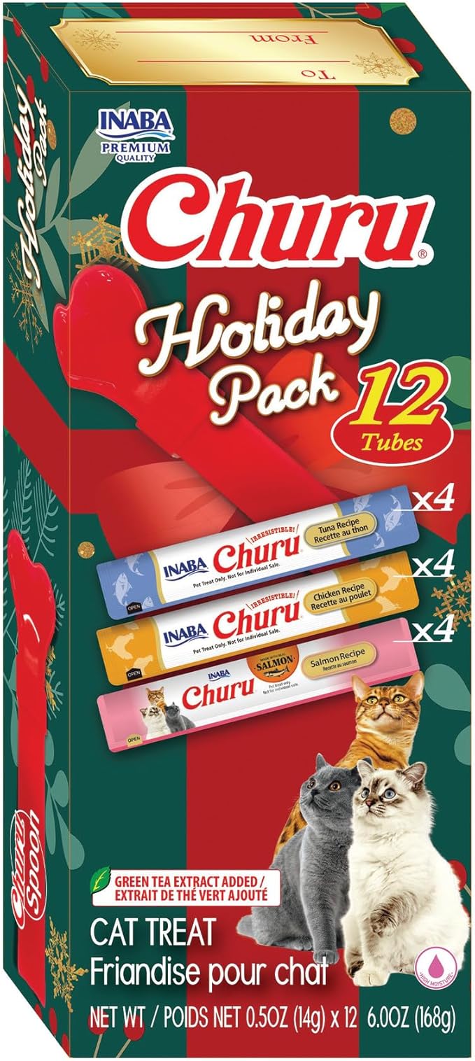 INABA Churu Cat Treats, Lickable, Squeezable Creamy Purée Cat Treat with Taurine & Green Tea Extract, 0.5oz Each Tube, 12 Tubes, Churu Spoon Holiday Variety Pack